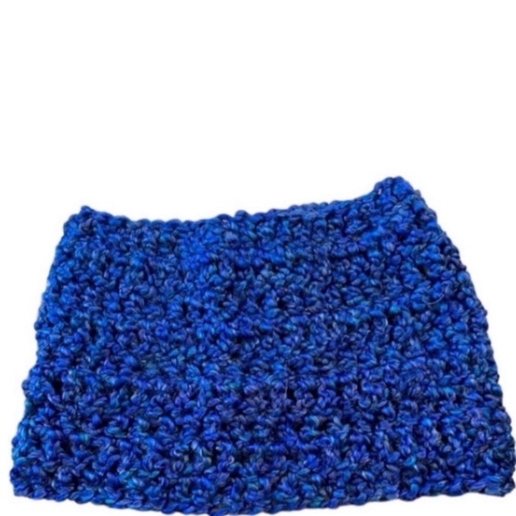 Hand Crafted Hat Headband Blue Crochet Pony Tail Beanie Chunky Ear Warmer Wrap - Picture 6 of 8